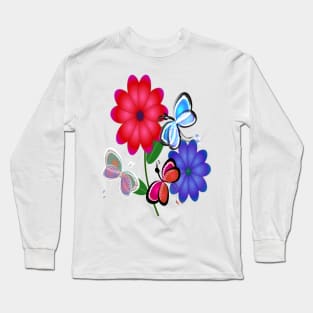 Abstract Butterflies with Flowers (Blue) Long Sleeve T-Shirt